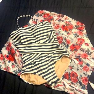 TruTime Rose Cover up and Black Striped Cabana Stripe one piece.